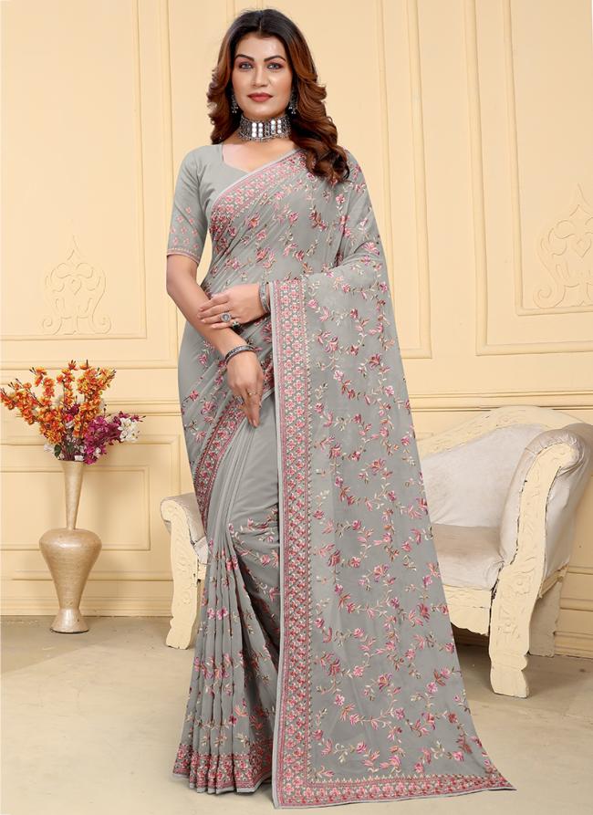 Georgette Grey Traditional Wear Embroidery Work Saree